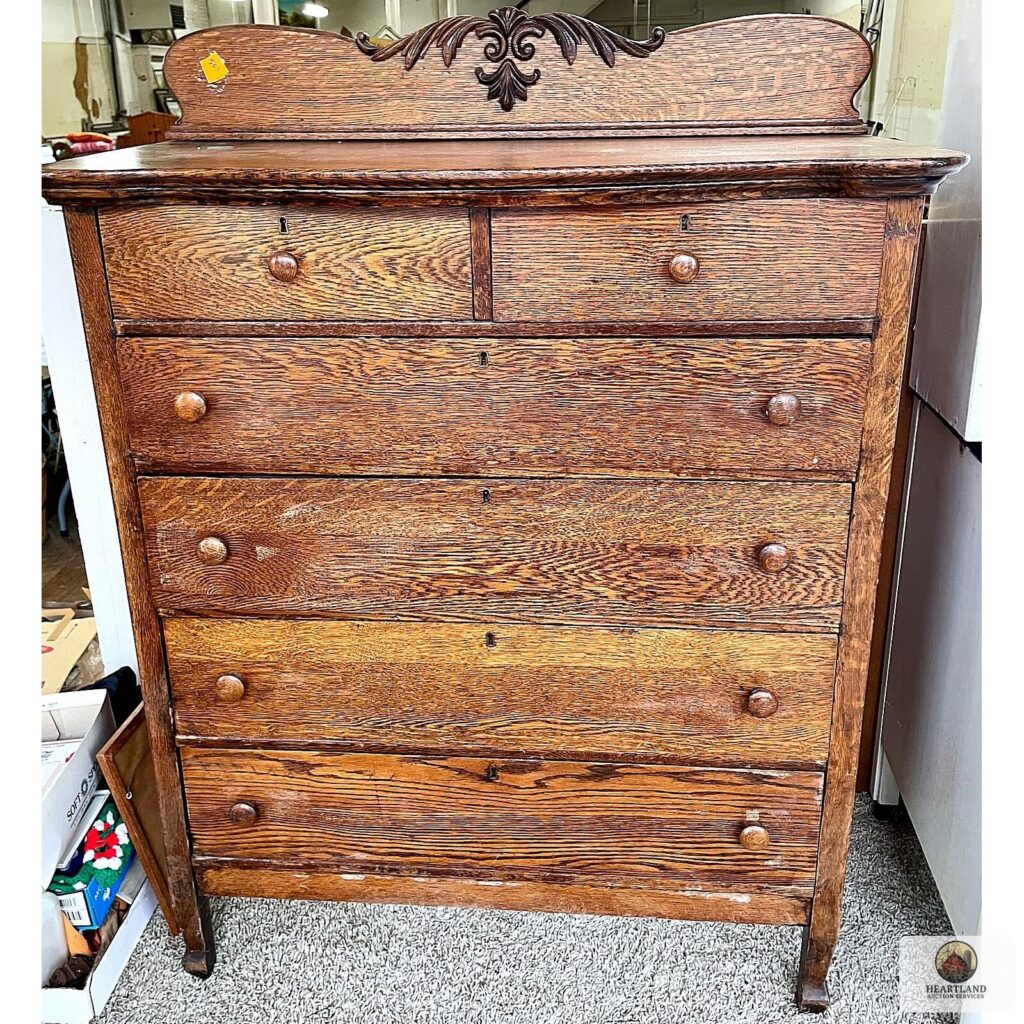 Antique Victorian tiger oak five drawer dresser with carved wood detail and original finish