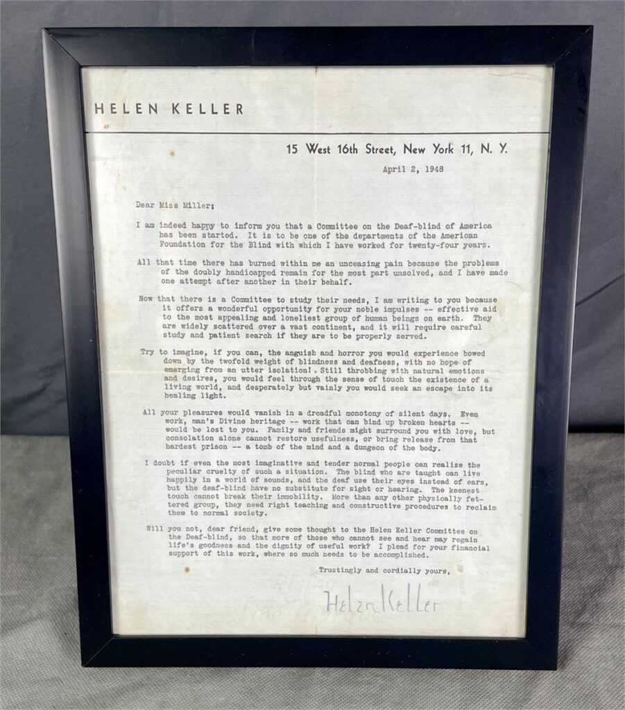 Framed signed letter by Helen Keller dated 1948 on personal letterhead
