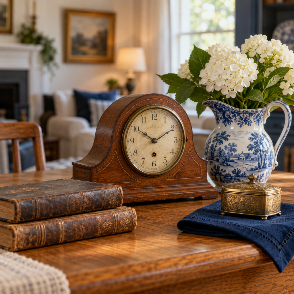 Antique mantel clock, books, ceramic pitcher, and brass keepsake box arranged on a wooden table